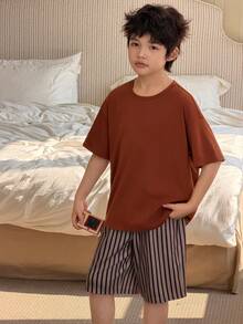 DAZY Tween Boy Comfortable Solid Color Drop Shoulder Short Sleeve T-Shirt And Striped Shorts Pajama Set, Summer Spring - Orange - View 4