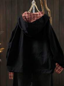 Linhara Áo khoác nữ cỡ lớn tay dài có mũ kéo khóa phía trước kiểu dáng thường ngày - màu đen - Xem 2