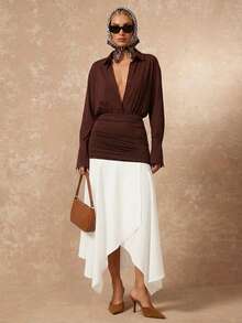 Lumalex Vestido de mujer de manga larga con cuello y bloque de color elegante - Marrón - Ver 12