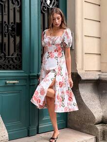 Pariaura 女士碎花印花休闲中长连衣裙，系带领口，泡泡短袖 - 淺粉色 - 查看 5