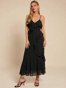 Amorya 女士长款雪纺吊带裙，无袖荷叶边鱼尾修身优雅连衣裙，适合日常穿着和约会 - 黑色 - 查看 10