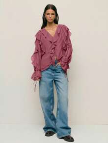 Nöista Elegant Dusty Mauve Chiffon Long-Sleeved Ruffled Top,Autumn Dinner Date Top For Parties And ,Layered Or Worn Alone - Dusty Pink - View 5