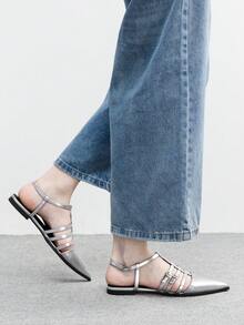 CUCCOO BIZCHIC Women's Pointed Toe Buckle Design Casual Fashionable Flat Shoes - Silver - View 1