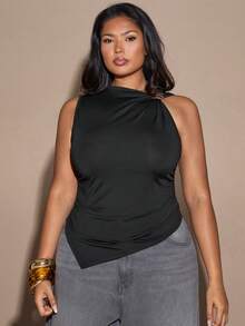 SHEIN BAE Plus Size Women's Black Asymmetrical Shoulder Irregular Hem Sleeveless T-Shirt,Elegant,Formal,Autumn Evening Night Party,Casual Versatile Solid Top - Multicolor - View 6