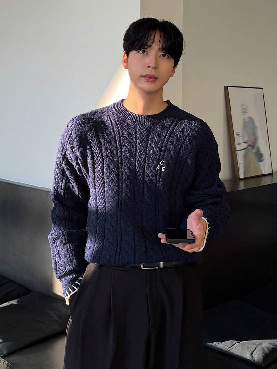 DAZY 男士春季字母提花拼接领毛衣 - 藏蓝色 - 查看 1