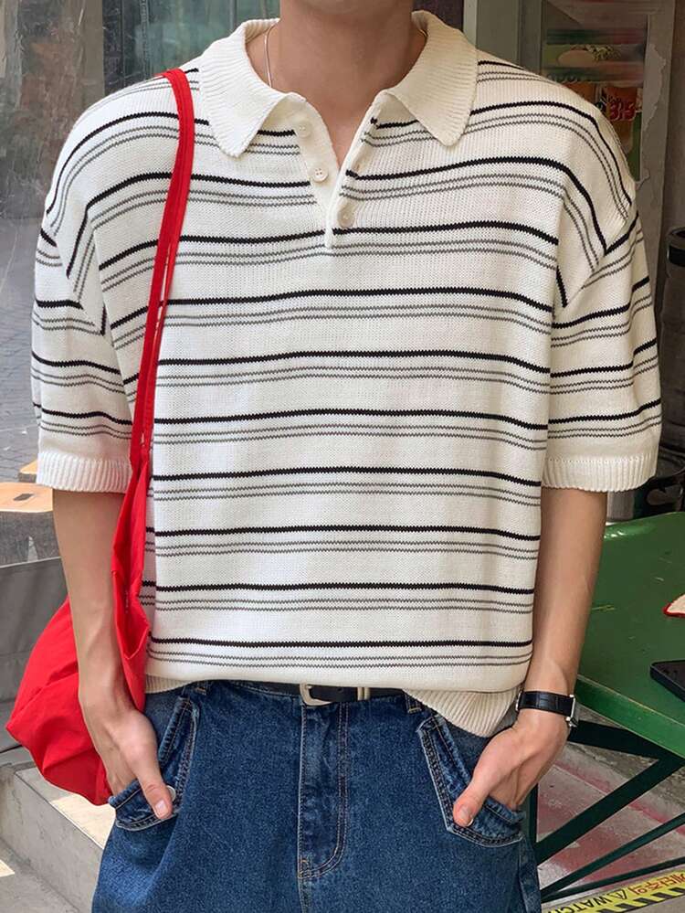 Men Striped Pattern Drop Shoulder Knit Top Summer
