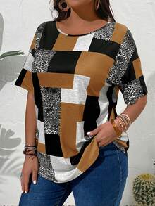 EMERY ROSE Plus Size Women Geometric Print Round Neck Casual Loose T-Shirt - Mocha Brown - View 6