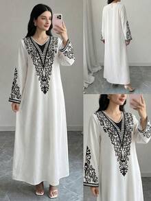 Sparklyn 少女V领长袖华丽黑色阿拉伯传统卷轴图案连衣裙 - 彩色 - 查看 10