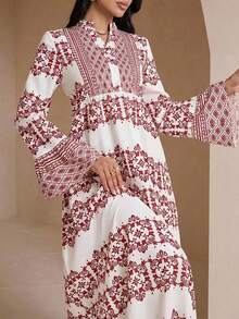 Veilorie Women's Spring/Autumn Modest Vacation Style Floral Print Notched Neck Flare Sleeve Arabic Dress - Multicolor - View 3