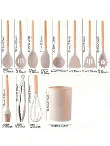 12Pcs/Set Wood Handle Non-Stick Silicone Kitchen Cooking Utensil Set, Heat Resistant Silicone Cookware With Storage Bucket - Multicolor - View 3