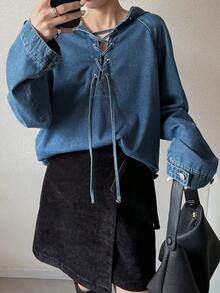 FRIFUL Women's Casual Washed Criss-Cross Hooded Denim Top - Blue - View 3