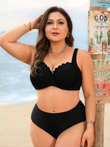 Swim Lushoire Áo bikini đi nghỉ mát cỡ lớn dành cho nữ, có gọng nâng ngực, kiểu dáng tối giản và thanh lịch theo phong cách châu Âu. - màu đen - Xem 3