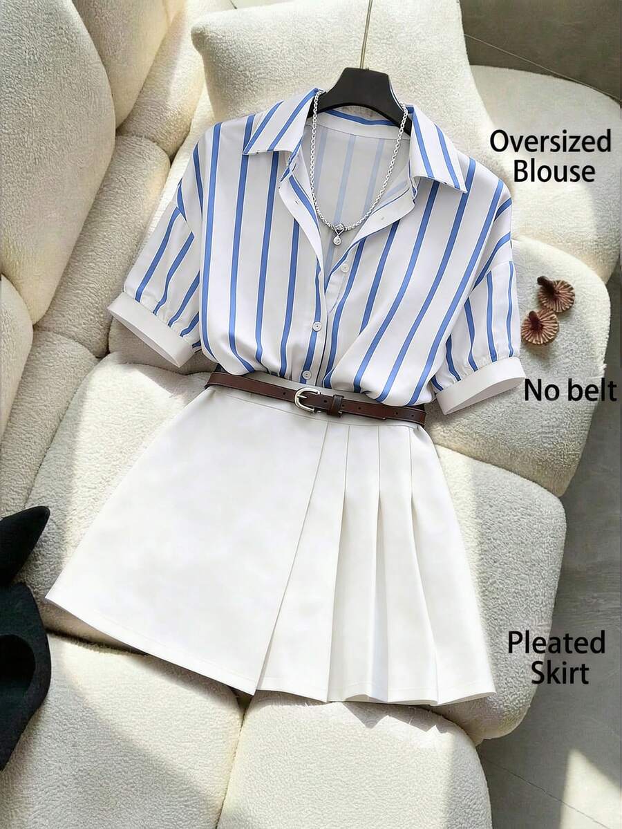 GlowEve 女士优雅夏季两件套，条纹衬衫搭配不对称荷叶边半裙，时尚百搭，适合夏季、返校、度假、约会、通勤、休闲、乡村派对、办公、职业装等场合。 - 白色 - 查看 1