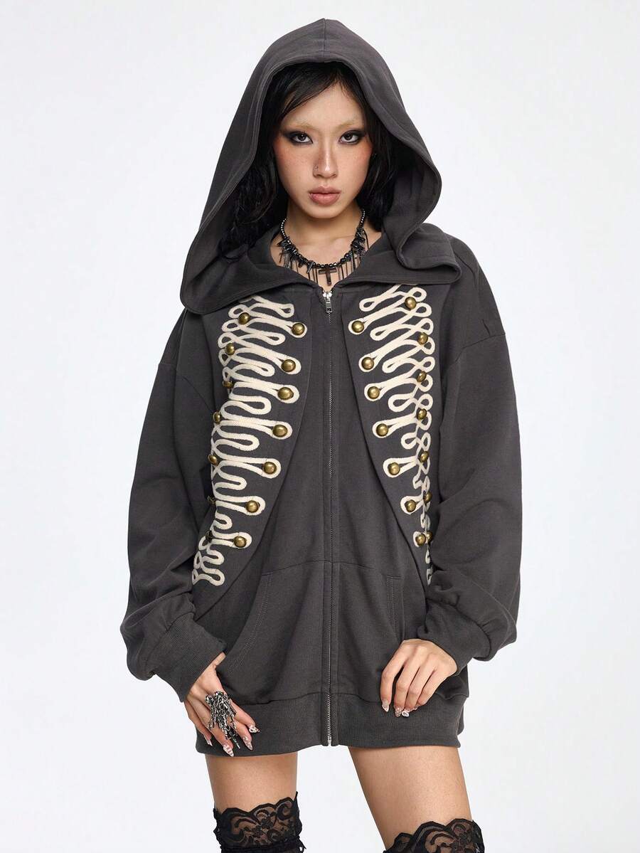 Grunge Punk SpringVintage Napoleon Style Embroidered Metal Button Hooded Sweatshirt Jacket - Dark Grey - View 1