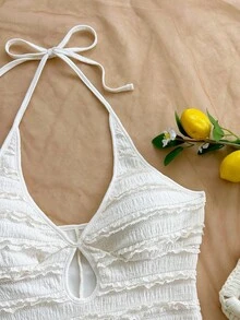 Soleia White Summer Boho Beach Vacation Holiday Holiday Multicolor Knitted Striped Halter Backless Mini Jumpsuit For Halloween,New Year,Carnival,Party,Date - Apricot - View 6