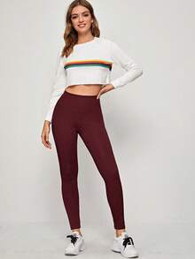 SHEIN EZwear 女士新款纯色高腰针织打底裤 - 酒紅色 - 查看 5