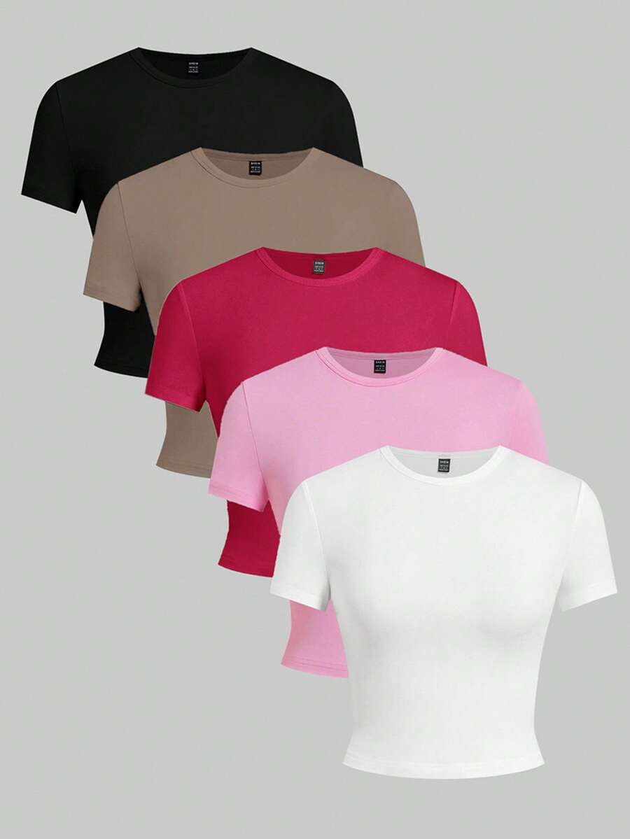 SHEIN EZwear 5件/套纯色针织无袖修身T恤，春夏基础款女式纯色T恤衫套装，女式上衣套装，纯色T恤衫，5件装女式上衣，纯色T恤衫，女式T恤衫 - 彩色 - 查看 1