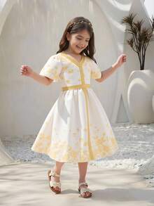 Glamorique Kids Đầm dự tiệc tay phồng, họa tiết hoa, phối ruy băng, dành cho bé gái, thích hợp cho mùa hè. - trắng - Xem 8