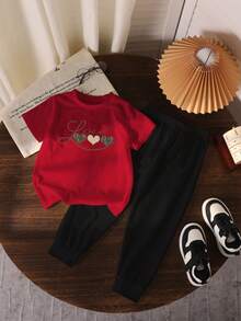 一套女童豹纹爱心图案圆领短袖红色T恤和黑色休闲裤，简约街头风，适合户外运动、日常穿着，春夏秋季，情人节适用。 - 黑色 - 查看 1