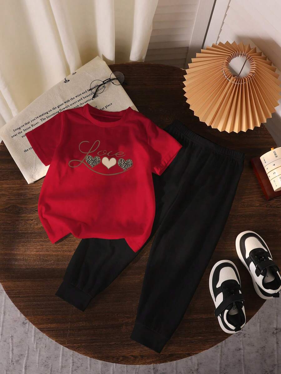 一套女童豹纹爱心图案圆领短袖红色T恤和黑色休闲裤，简约街头风，适合户外运动、日常穿着，春夏秋季，情人节适用。 - 黑色 - 查看 1