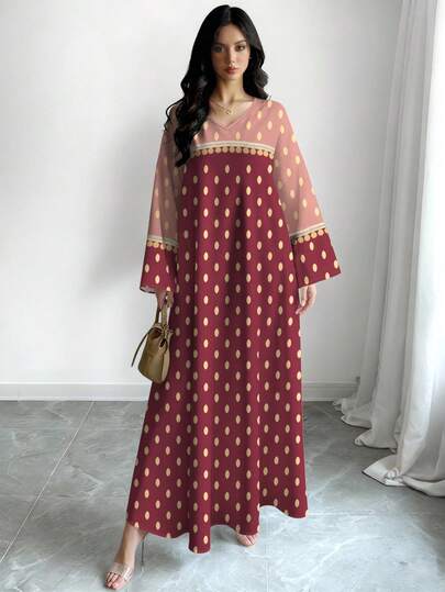 Al Najma Damklänning med prickig färgblockstryck, v-ringning och långärmad, elegant maxiklänning i arabisk stil, vår/sommar