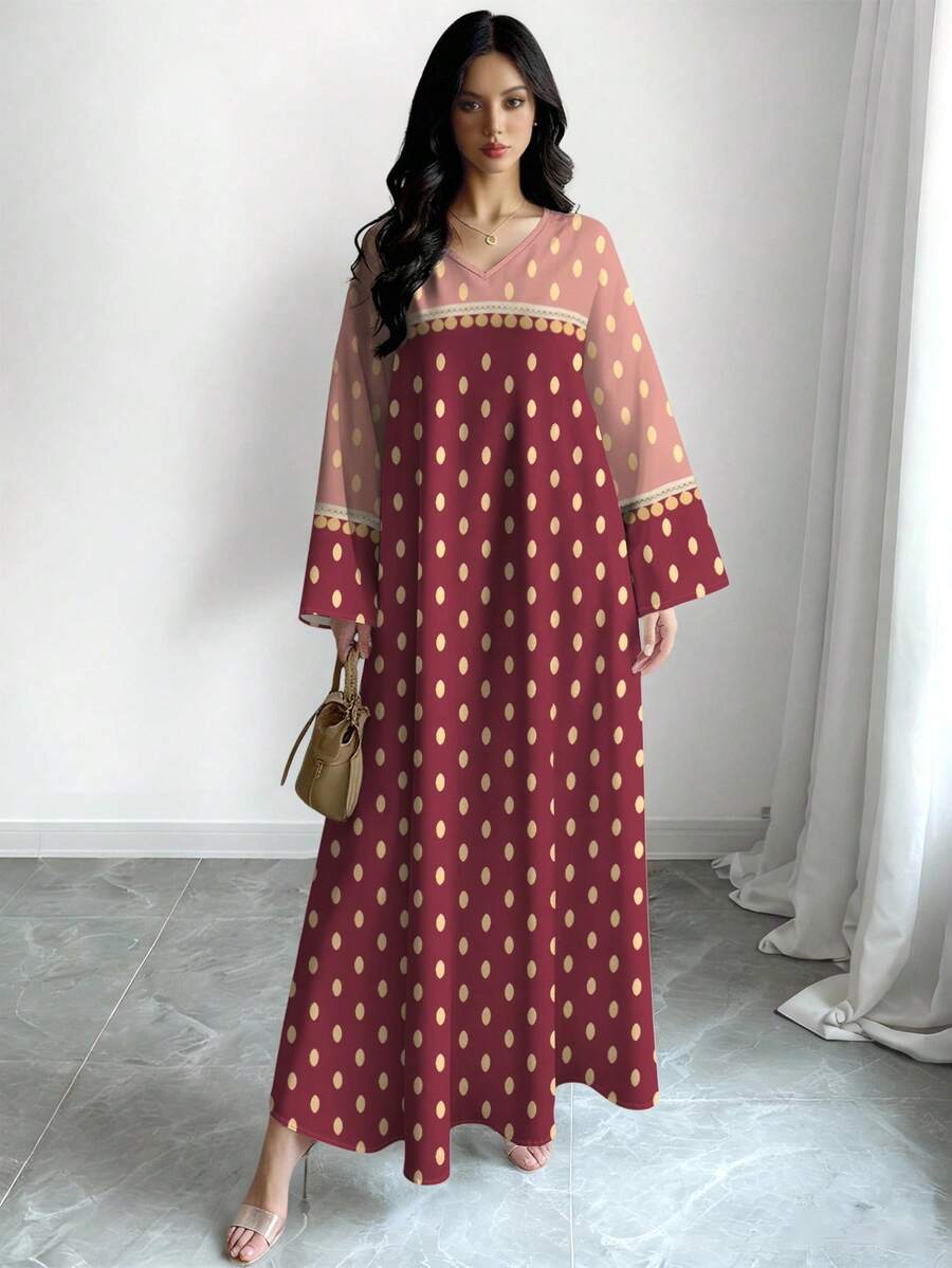 Al Najma Women's Polka Dot Colorblock Print V-Neck Long Sleeve Elegant Arabic Style Maxi Dress, Spring/Summer, Modest Dress - Multicolor - View 1