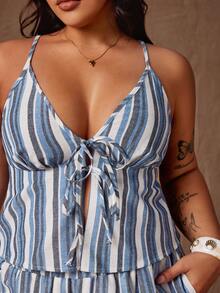 Rustia 2pcs/Set Fashionable Vacation Camisole Top And Straight Leg Contrast Striped Pants - Multicolor - View 5