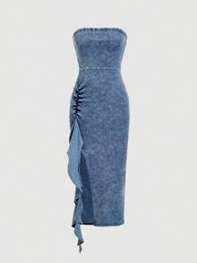 SHEIN MOD Vestido de mezclilla con volantes, abertura lateral y sin tirantes de moda - Azul - Ver 1