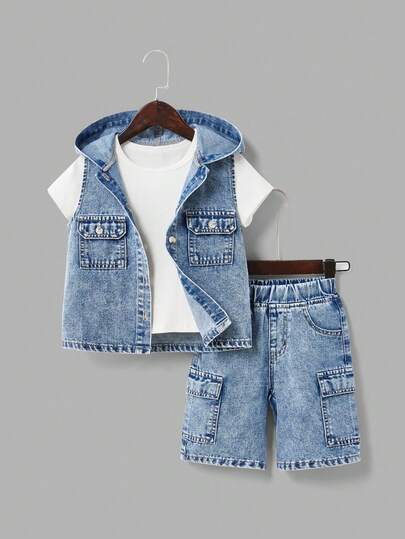 2 st Young Boys casual denim outfit, inkluderar huvtröja och lösa cargojeanshorts, vintage mellanblå färg