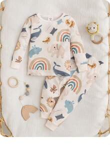 Baby Boy Cute Cartoon Pattern Knit Tight Long Sleeve Pajama Set, Casual - Multicolor - View 5