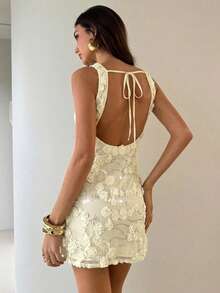 Aloruh Women's Backless Embroidered Chiffon Mini Dress,White Floral,Summer,Elegant,Party,Sleeveless A-Line Bodycon 3D Floral Sequin Cocktail Ivory Dress - Yellow - View 2