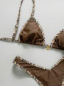 Swim Vcay Leopard Trim Triangle High Cut Bikini Swimsuit - Brown - View 4