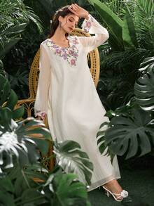 Al Najma Đầm nữ dáng rộng tay dài, xòe, viền ren hoa, thanh lịch. - Màu be - Xem 5