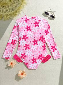 SHEIN 少女碎花长袖连体泳衣 - 淺粉色 - 查看 5