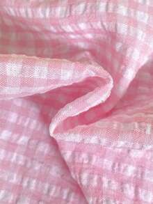 SHEIN Baby Girl Cute Versatile Summer Pink Plaid Bow Tie Short Sleeve Top - Pink - View 3