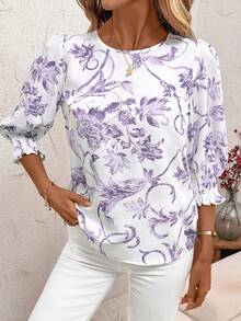 SHEIN Clasi Kemeja Wanita Kasual Longgar Leher Bulat Lengan Sedang - Mauve Purple - View 3