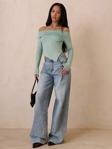 SHEIN Unity Women's Solid Color Simple Off-Shoulder Top - Green - View 3