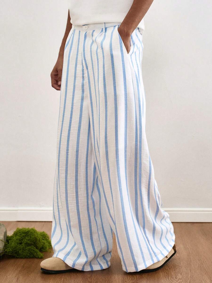 TOKVUE 时尚休闲百搭亚麻质感蓝白条纹阔腿裤，春夏秋季男士款，男女皆宜，适合度假、日常穿着，可作为送给男友/老公的礼物、周年纪念礼物、复古风格，也是返校季的必备单品。 - 藍白色 - 查看 1