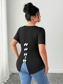 SHEIN Elenzya Plus Size French Elegant Commuter Casual Bow Back Short Sleeve T-Shirt, Spring/Summer - Black - View 2