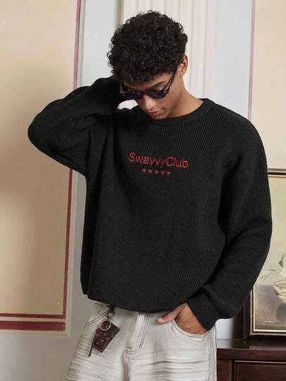 SWAVVY Jersey de cuello redondo de manga larga con bordado de letras casual para hombre, otoño/invierno