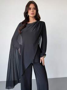 Firerie Women's Black Knitted Fabric Casual Blazer With Sheer Drape And Round Neck Long Sleeves - Black - View 6