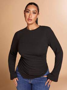 SHEIN BAE 大码女式圆领网纱黑色长袖半透明上衣，休闲装 - 黑色 - 查看 7