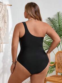SHEIN CURVE+ Plus Size Women One-Piece Swimsuit, Shoulder Strap, Suitable For Summer Vacation - Black - View 2