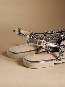 Rosivie 女士平底凉鞋，金色编织带闭趾平底鞋 - 菸灰色 - 查看 4