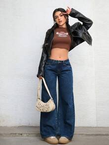 SHEIN ICON 纯色斜插口袋休闲百搭阔腿牛仔裤 - 藍色 - 查看 5