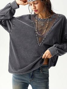 Bohemela Áo sweatshirt nữ dáng rộng, cổ tròn, màu trơn, chất liệu dệt kim, đã qua xử lý giặt, thích hợp mặc thường ngày. - Xám - Xem 9
