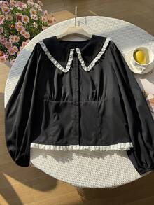 SHEIN EZwear 大码优雅刺绣单排扣荷叶领灯笼袖衬衫 - 彩色 - 查看 3