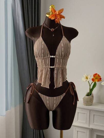  Bellisia Women's Floral Lace Mesh Beaded Halter Neck Contrast Color Tie Side Tankini Swimsuit Set, Suitable For Spring/Summer Vacation