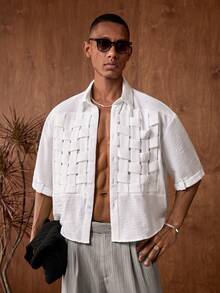 AKNOTIC 男士梭织短袖纯色衬衫，时尚校园风，舒适百搭，复古小众风格短袖开衫，适合叠穿 - 白色 - 查看 7