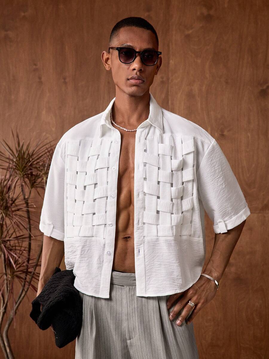 AKNOTIC 男士梭织短袖纯色衬衫，时尚校园风，舒适百搭，复古小众风格短袖开衫，适合叠穿